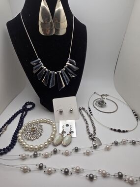 Vintage Navy Glass & Silvertone Jewelry Lot – Signed Brighton Real Silver-Plate
